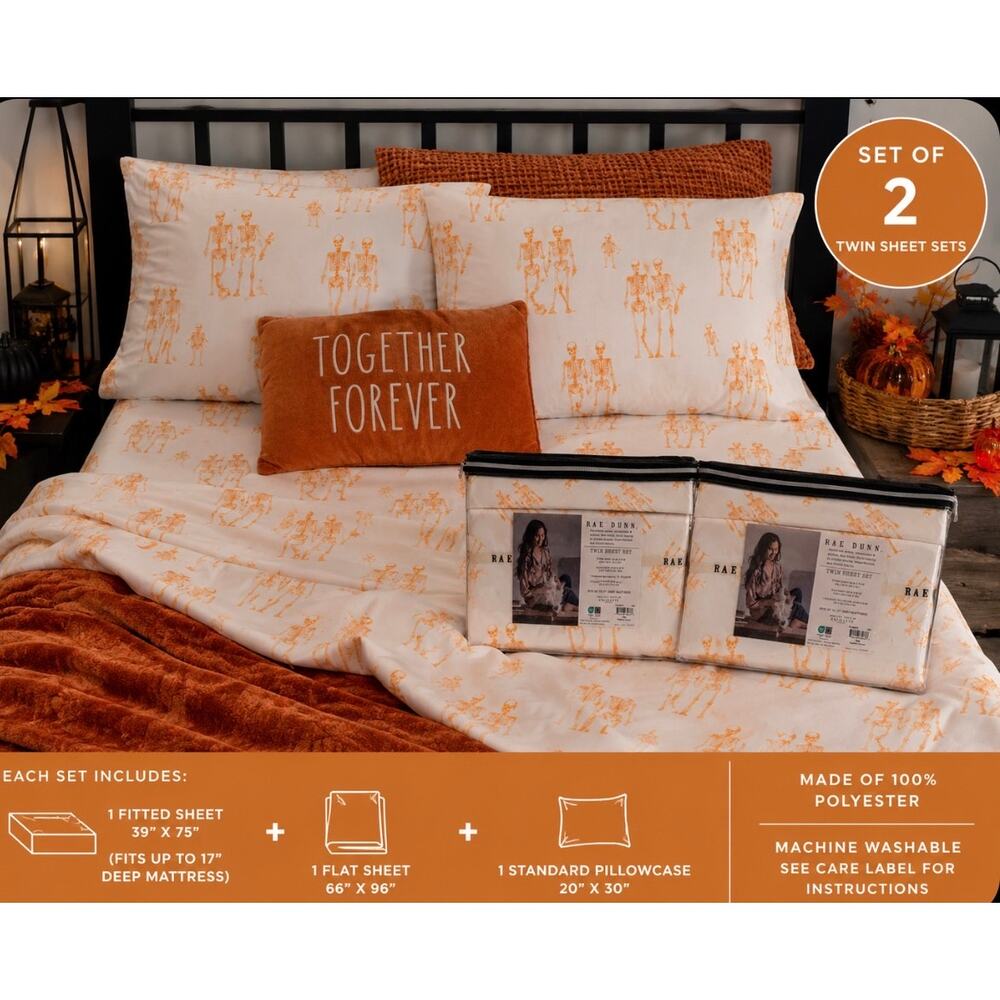 Rae Dunn Together Forever Halloween Skeleton Twin Sheet Sets Lot of 2 NWT